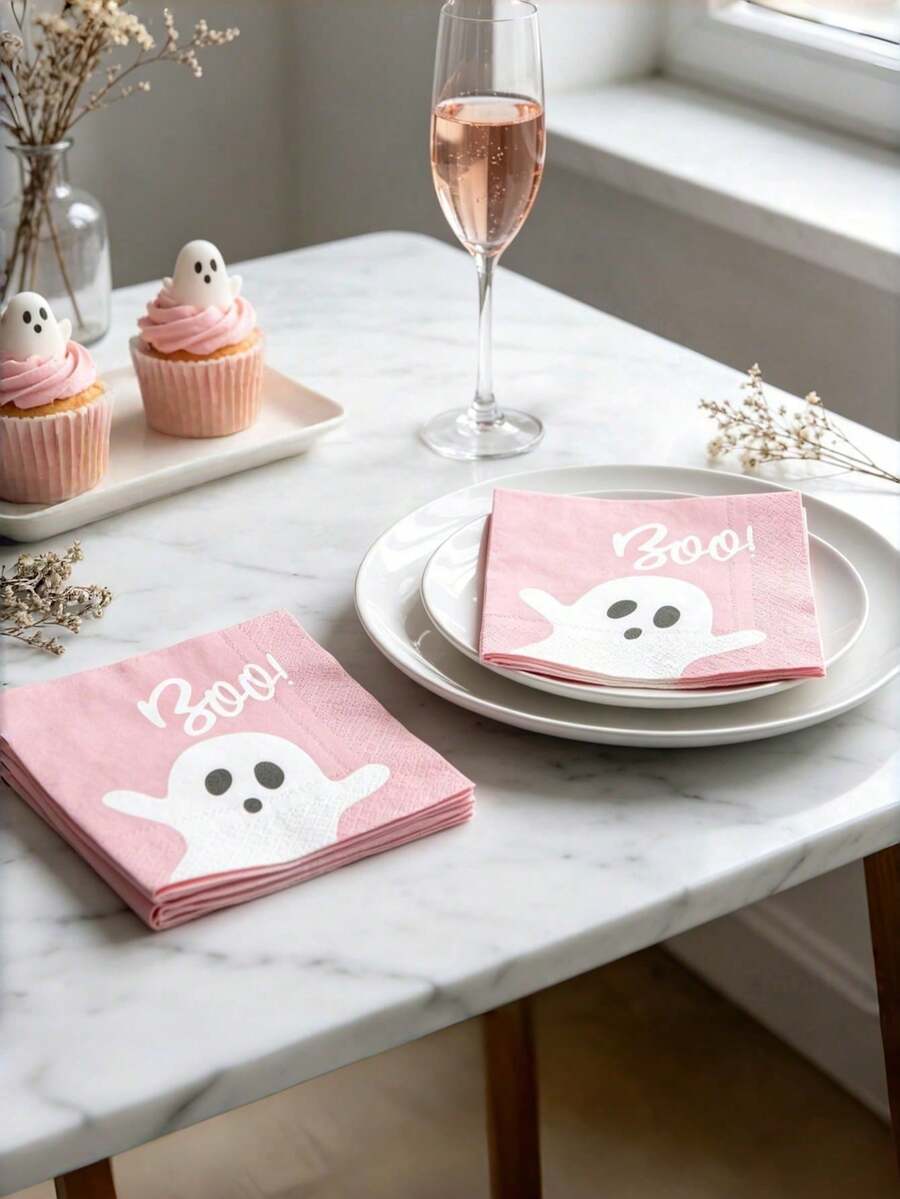 20pcs Pink Cute Ghost Disposable Napkins, 6.5x6.5 Inch Spooky Boo Printed Paper Napkins, Macaron Color Halloween Party Tableware, Suitable For Girls Birthday Party, Holiday Dinner Decoration, Trick Or Treat Table Setting - Multiple Styles - View 1