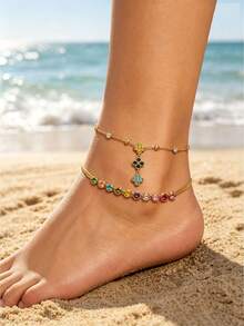 2 Peças Conjunto de Corrente de Pé de Dupla Camada Resort à Beira-Mar, Banhado a Ouro 18K em Aço Inoxidável, Cor Premium, Diamante, Corrente de Pé da Moda Feminina - Ouro 3 - Visão 6