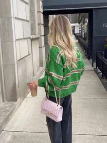 Women's Fashion Versatile V-Neck Colorblock Striped Loose Short Knit Cardigan With Buttons - Multicolor - View 6
