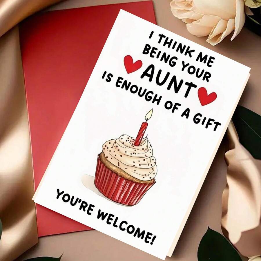 1pc "When Your Aunt Is Already The Best Gift" Red Envelope Birthday Card, With Cupcake Illustration, Perfect For Niece/Nephew And Family Birthday Card - 18*13cm - View 1
