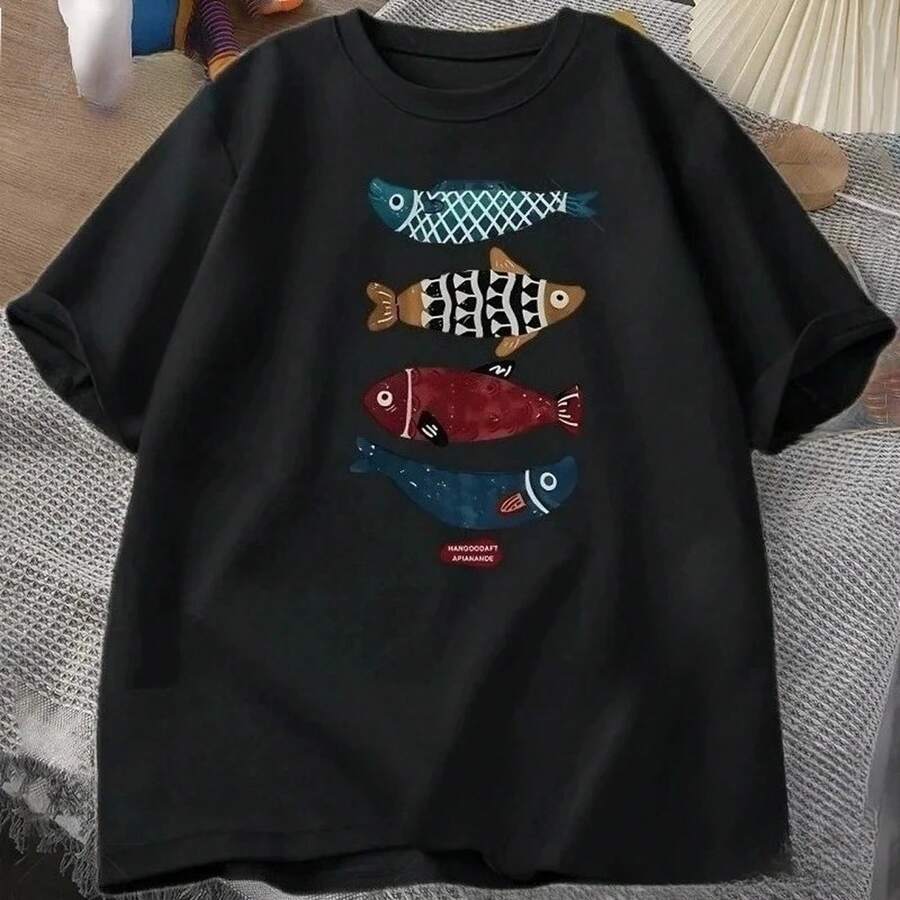 Retro Vintage Cotton T-Shirt For Men, Elegant Fish Graphic Print, Soft Breathable Material, Loose Fit - Black - View 1