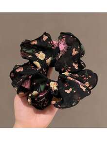 1 buah Ikat Rambut Scrunchie Chiffon Motif Bunga Gaya Korea Vintage Prancis, Aksesori Rambut Sanggul Elegan dan Serbaguna - Hot Pink - View 5