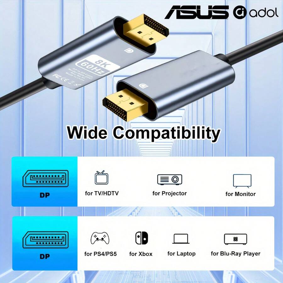 ASUS 8K 60Hz DisplayPort Cable, DP1.4 4K/144Hz DisplayPort Cable, 8K DisplayPort 1.4 Cable, Compatible With PC, Laptop, TV 8K Display - View 1