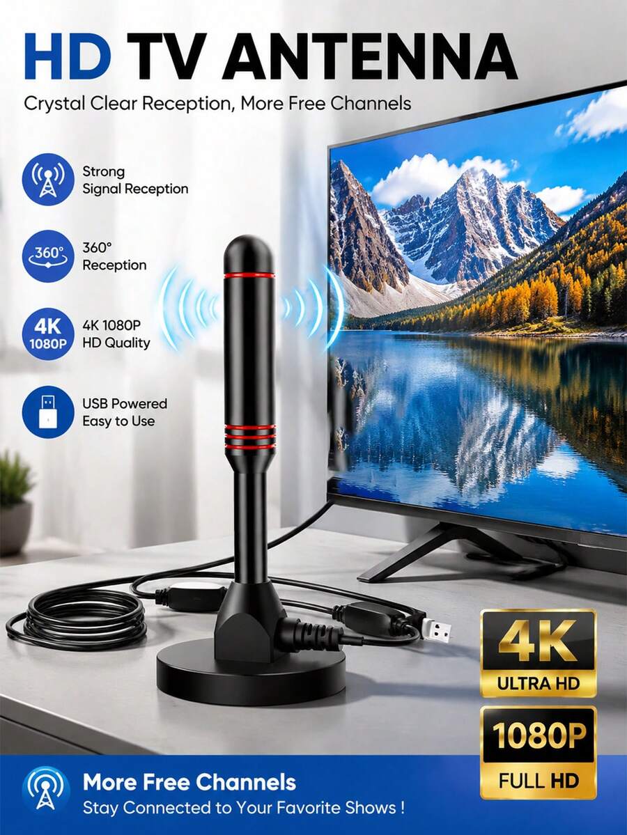 YAIUZGOO Portable HDTV Antenna DVB-T Amplifier 25dBi 250+ Mile Coverage Ultra HD HDTV With Amplifier VHF/UHF Fast Response Outdoor Antenna Kit With Magnetic Base Suitable For Indoor/Outdoor TV, Smart TV And Old TV - Small Round Stick - View 1