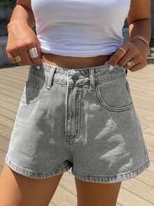 Teen Girls' Casual Washed Denim Shorts With Elastic Waistband, Versatile Design Suitable For Daily Wear Or School - Light Grey - View 3