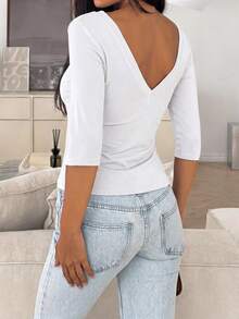 PoPoHouse Women's Autumn Solid Color Y2K Sexy V-Neck T-Shirt, Slim Fit Elbow Sleeve Casual Commute Basic Layering Top - White - View 2
