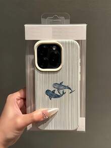 1pc White Matte Minimalist Lens Protection Blue Striped Double Shark Pattern Phone Case, Personalized For IPhone 16 Pro Max/17/16/15/14 Plus/13/12/11/Air, Compatible With Samsung Series - Multicolor - View 3
