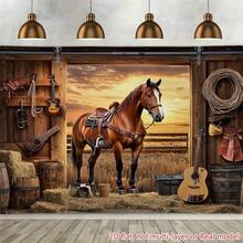 2D Flat Cowboy Horse Racing Theme, Vintage Stable Style, Includes Wooden Fence, Cowboy Hat, Haystack, Vintage Carriage Wheel, Suitable For Indoor And Outdoor Themed Events, Can Be Used As Wall Decor, Photo Backdrop, Home Decoration, Outdoor Party - 1 - View 5