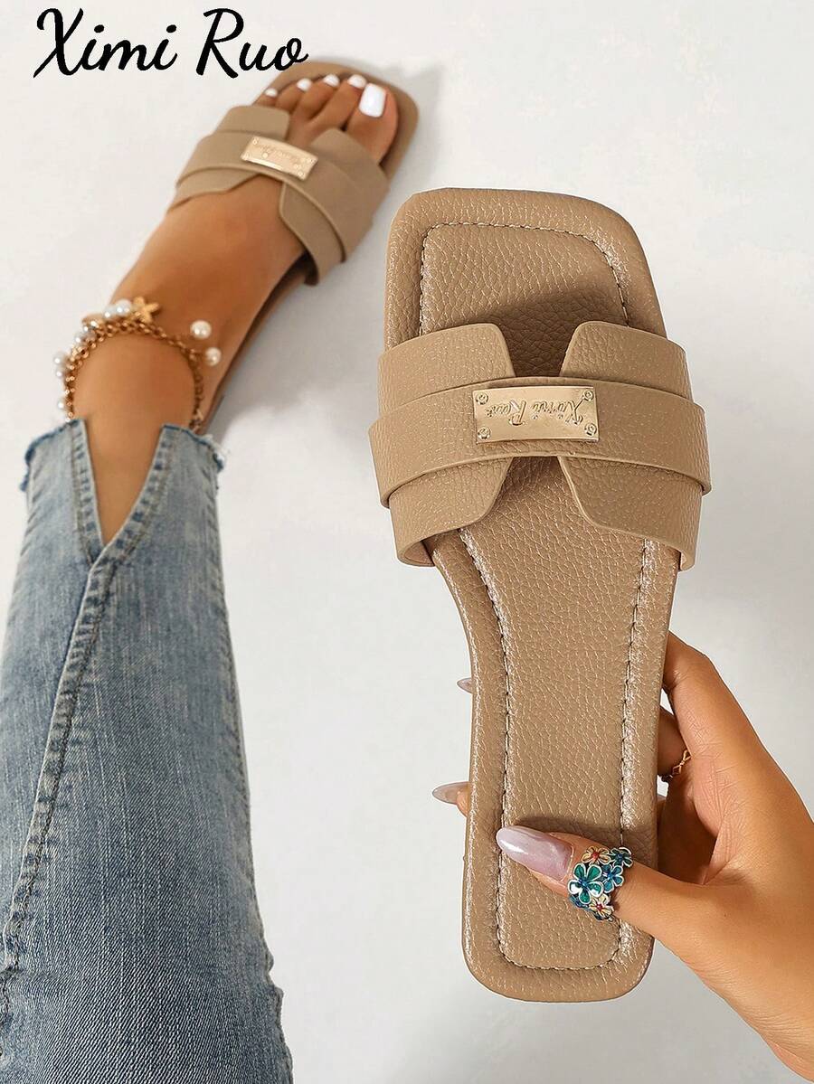 Ximi Ruo Sandales confortables pour femmes à coupe large décorées de strass, style coréen décontracté à semelle plate, sandales romaines tressées à bout ouvert, nouvelles chaussures de mode style français pour femme, été printemps automne, marron, plat, pour plage, Plat, extérieur, décontracté, TPU - Nude - Voir 1