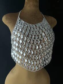 ZHENGHEN 1pc Luxurious Sparkling Square Rhinestone Necklace Chest Chain, Fashionable Multilayer Pearl Decor Body Chain Suitable For Party Outfit - White - View 4
