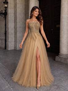 VIPGIRL Đầm dạ hội dài đính cườm cổ lệch cho nữ, đầm dự tiệc trang trọng, thanh lịch, thích hợp cho lễ tốt nghiệp, tiệc tối, mùa xuân. - Rượu sâm banh - Xem 4