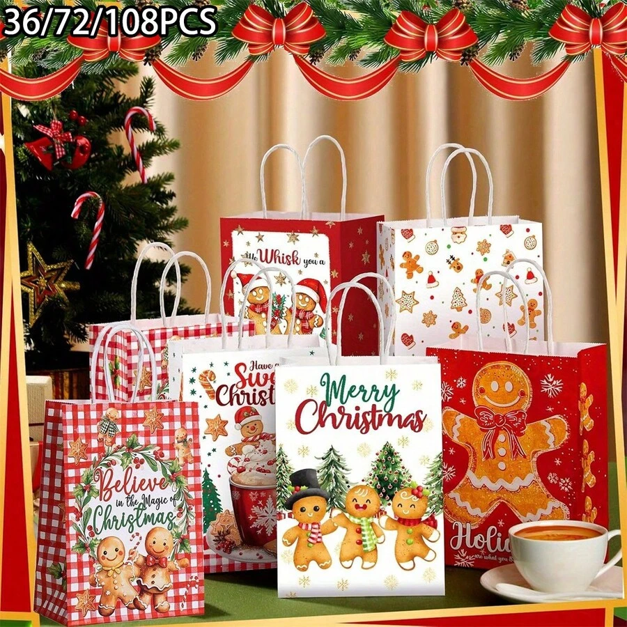 36/72/108PCS,Gingerbread For & Paper Party Favor Bags With Sturdy Handle,Includes Christmas Stickers,Multicolor Christmas Xmas Treat Bags Suitable For Holiday Decorations, Gift Packaging & Treat Bags - Multicolor - View 1