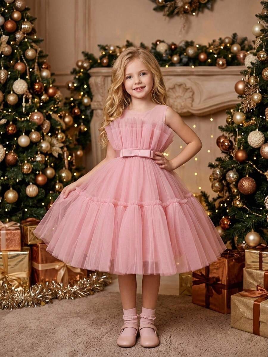 Young Girls Bow Tutu Mesh Princess Elegant Dress Suitable For Party And Gathering, Headband Not Included - Dusty Pink - View 1