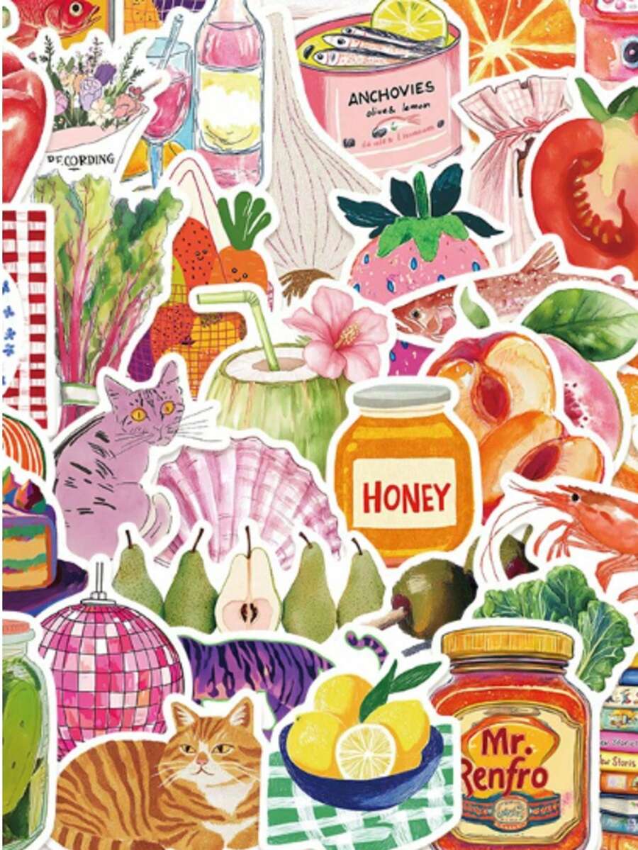 50pcs Watercolor Aesthetic Fun Doodle Stickers, Including Fruit, Bread And Beverage Elements, Mediterranean Style Gift Decoration Scrapbook, Vinyl Stickers Suitable For School Supplies, Laptop, Skateboard, Diary, Phone, Water Bottle, Guitar, Luggage And More - Multicolor (B) - View 1