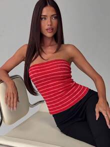 Striped Sexy Fitted Top, Knit Ribbed Contrast Color Bandeau Summer - Red and White - View 3