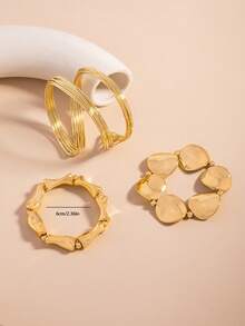 Set Of 3 Exaggerated Geometric Metal Open Bangles, Asymmetrical Design, Fashionable Elegant - Gold - View 5