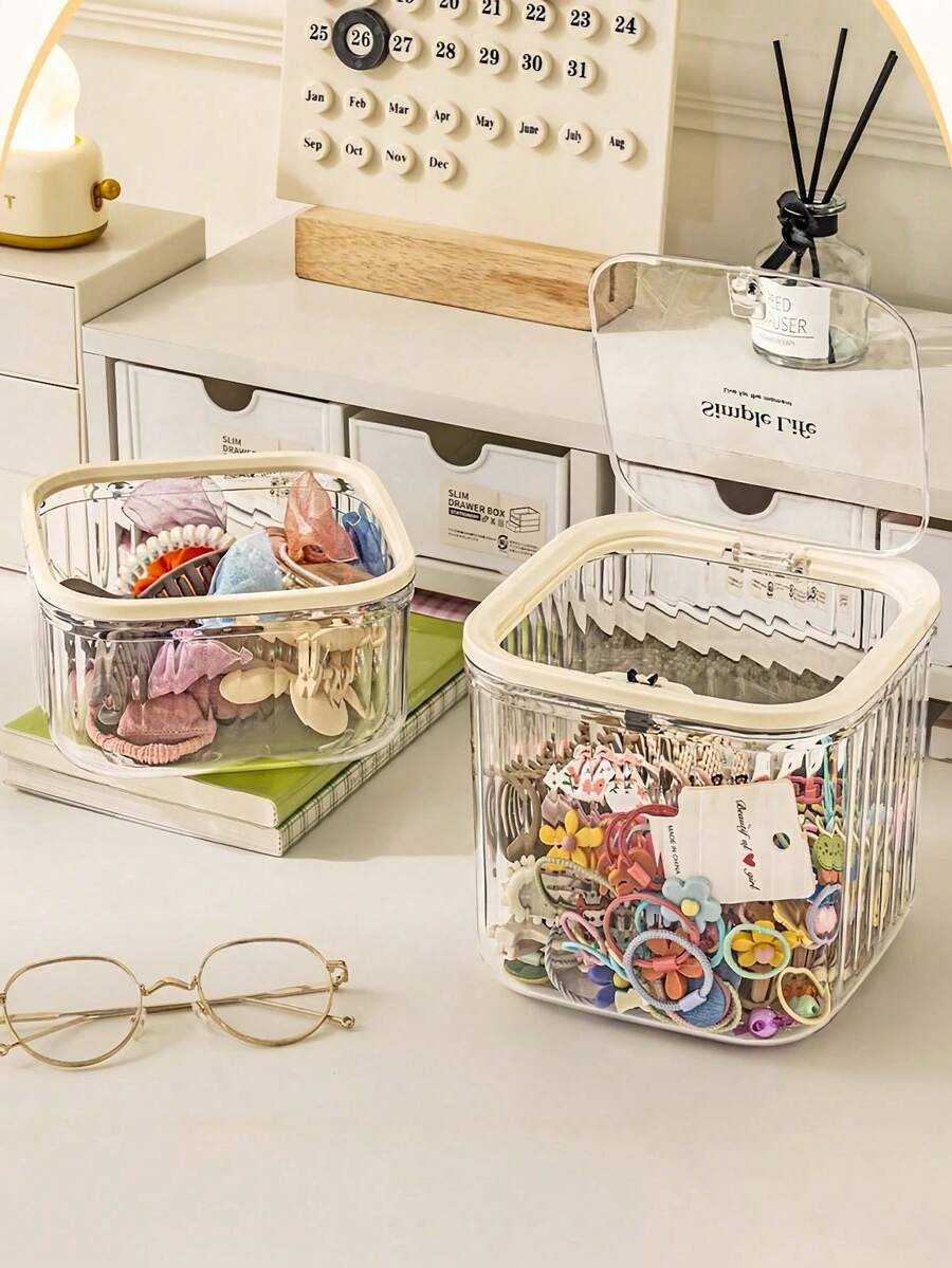 Transparent Hair Accessory Storage Box, Pressure-Sensitive Desktop Organizer Box - Flip-Top Design, Fully Transparent, Large Capacity, Ideal For Storing Hair Clips, Hair Ties, Hair Bands And Jewelry. A Perfect Gift For Friends - Multicolor - View 1