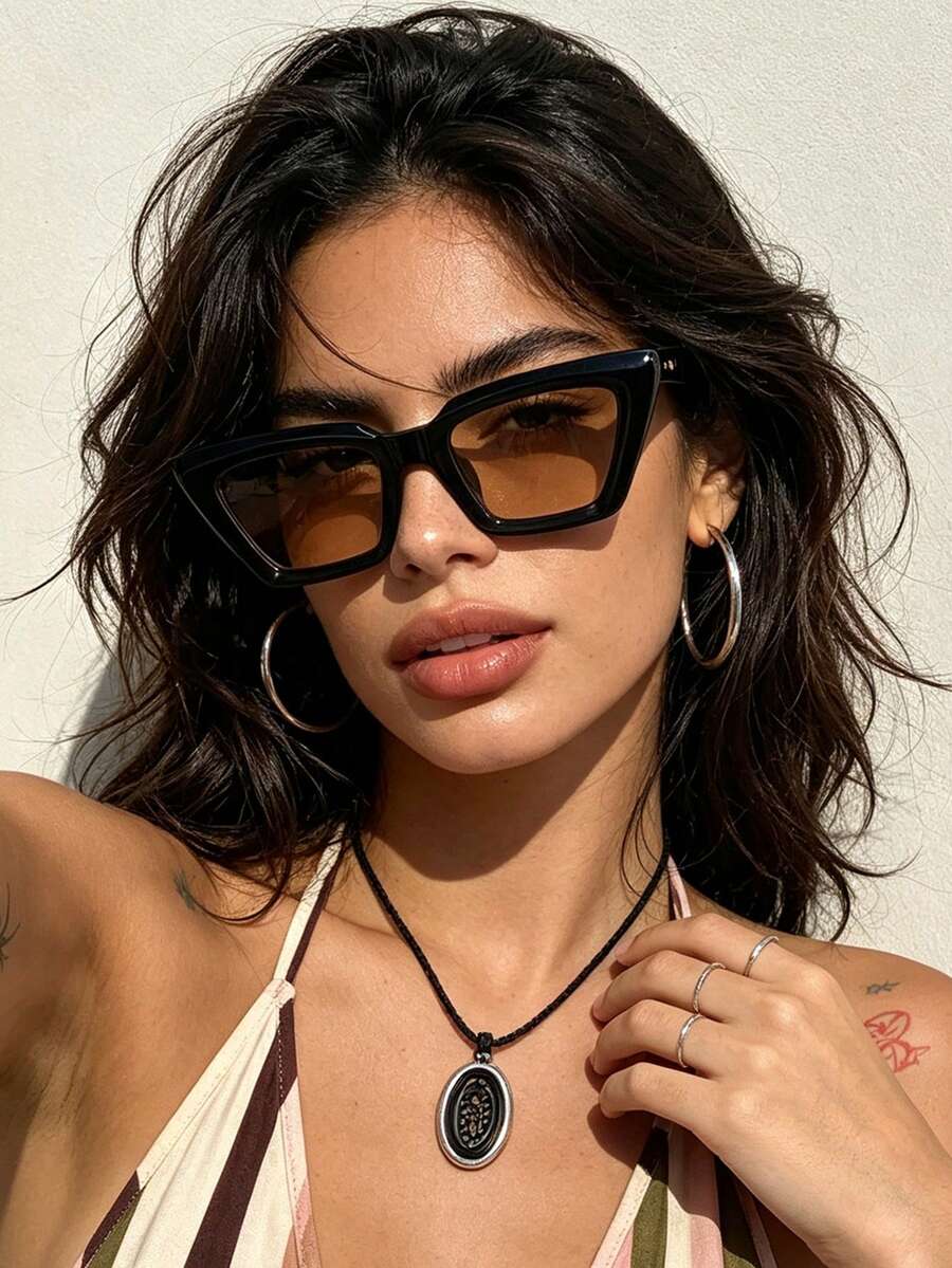 1 par de gafas de moda con marco pequeño estilo ojo de gato, gafas elegantes y versátiles de estilo vintage casual para mujer, adecuadas para uso diario, fotografía callejera, vacaciones, viajes, accesorio de playa de verano, regreso a la escuela - marrón claro - Ver 1