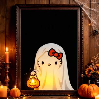1 pieza Arte de pared de lienzo plano con tema de Halloween de Hello Kitty, diseño sin marco, adecuado para sala de estar, dormitorio, cocina, oficina, se puede usar como regalo, también adecuado para la decoración del hogar y oficina de artistas, decoración de pared, adorno colgante decorativo, artículo esencial del hogar, decoración del hogar de Halloween, arte de pared de Halloween, sin marco
