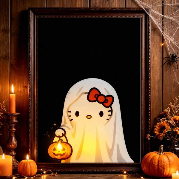 1件 Hello Kitty 萬聖節主題平面帆布壁畫，無框設計，適用於客廳、臥室、廚房、辦公室，可作為禮物，也適合藝術家的居家與辦公室裝飾，牆面裝飾，裝飾掛飾，居家必需品，萬聖節家居裝飾，萬聖節壁畫，無框