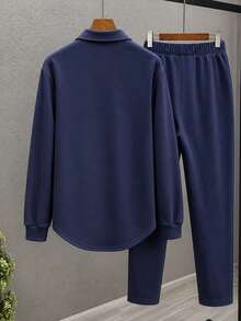 Setelan Pria Ukuran Besar, Atasan Lengan Panjang dan Celana Warna Polos Musim Gugur, Pakaian Kasual Pria Ukuran Besar - Navy Blue - View 3