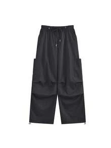 Celana Sweatpants Kargo Gaya Amerika Musim Panas Longgar Kasual Kaki Lebar dengan Tali Serut di Pinggang - Hitam - View 2