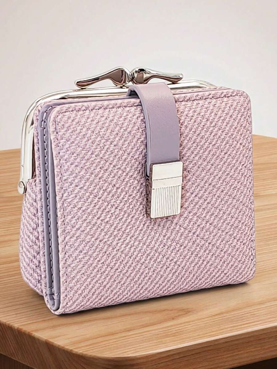 Women's Short Straw Woven Bag, Soft PU Snap Closure Wallet, Multi-Function Coin Purse, ID Card Holder, Minimalist Lightweight Compact Exquisite Portable, Suitable For Holiday Gift - Mauve Purple - View 1