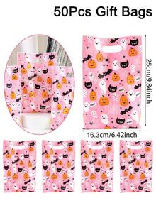 10/20/50pcs Pink Halloween Gift Bags, Cute Ghost Pumpkin Bat Pattern Tote Bags With Handles, Boys Girls Halloween Trick Or Treat Party Favors Party Supplies - Multicolor - View 10