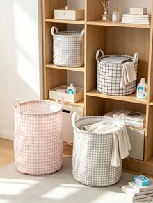 10/1pc Minimalist Grid Round Storage Basket, Foldable Large Laundry Hamper With Handles, Multifunctional Clothes Sundries Hold‑All Bin, Collapsible Dirty Clothes Basket For Bedroom Bathroom Laundry Room - Multicolor - View 7