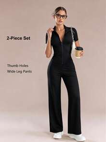 YZMJAFU Women's 2-Piece Yoga Set, Short Sleeve Zip-Up Jacket & High-Waisted Wide Leg Pants, Slim Fit Gym Workout Casual Outfit - Black - View 1