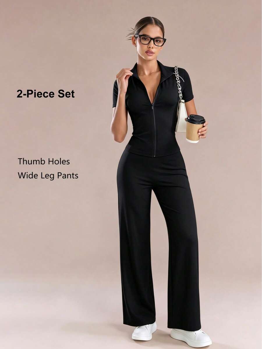 YZMJAFU Women's 2-Piece Yoga Set, Short Sleeve Zip-Up Jacket & High-Waisted Wide Leg Pants, Slim Fit Gym Workout Casual Outfit - Black - View 1