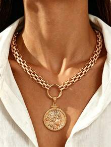 1pc Vintage Portrait Coin Pendant Necklace, Metal Chunky Chain Exaggerated Neck Chain, Women's Fashion Jewelry Neck Accessory, Suitable For Daily Wear, Party, Music Festival, Versatile Necklace, Best Choice For Gift - Gold - View 1