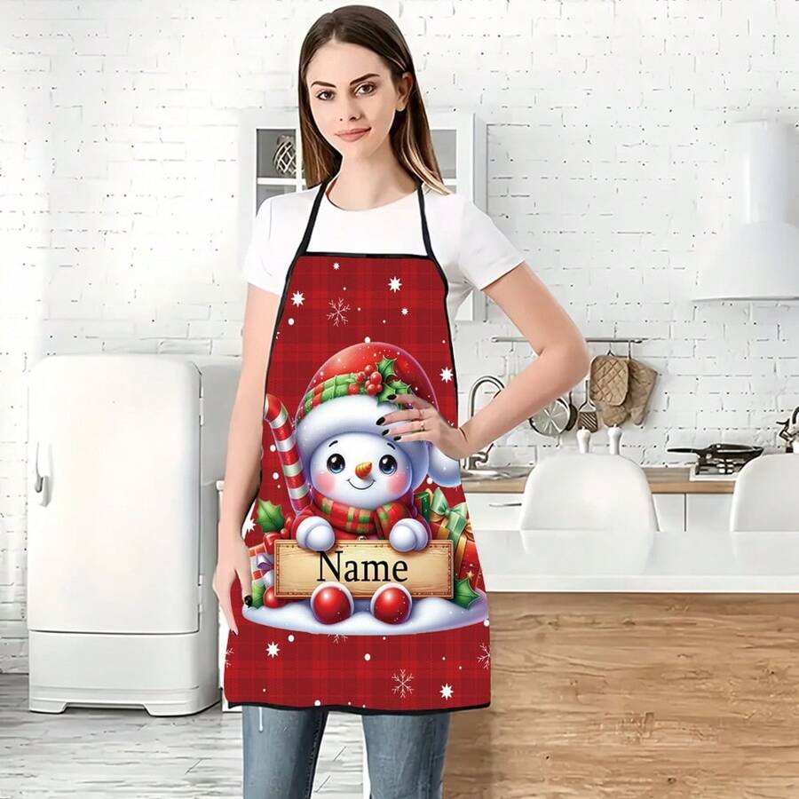 1pc 2D Flat Customized Text, Name, Christmas Snowman Pattern Printed Sleeveless Apron, Kitchen Apron For Cooking, Waist Apron, Halter Apron, Perfect For Party Decoration, Family Gathering And Picnic - Multicolor - View 1