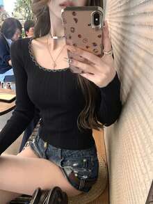 Autumn/Winter Korean Sweet Casual Style Butterfly Backless Knit Sweater Women's Large Scoop Neck Contrast Color Slim Fit Base Layer Top, New Black - Black - View 6