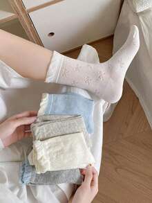 1/6 Pasang Kaos Kaki Krem Model Ruffle dengan Pita, Kaos Kaki Setengah Betis Gaya Jepang Manis untuk Anak Perempuan, Kaos Kaki Serbaguna untuk Sepatu Mary Jane Wanita - MultiWarna - View 2