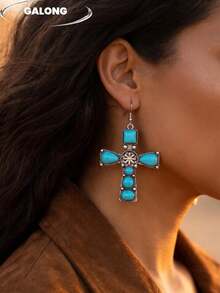 1 Pair Turquoise Cross Earrings Suitable For Daily Wear - Baby Blue - View 3