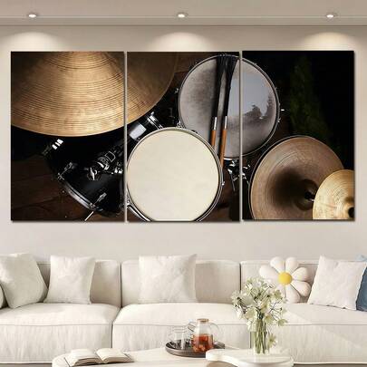 3pcs Vintage Bronze Drum Set Percussion Instrument Wall Printing Art Canvas Poster, Optional Frame, Dark Moody Music Studio Bar Music Room Decoration