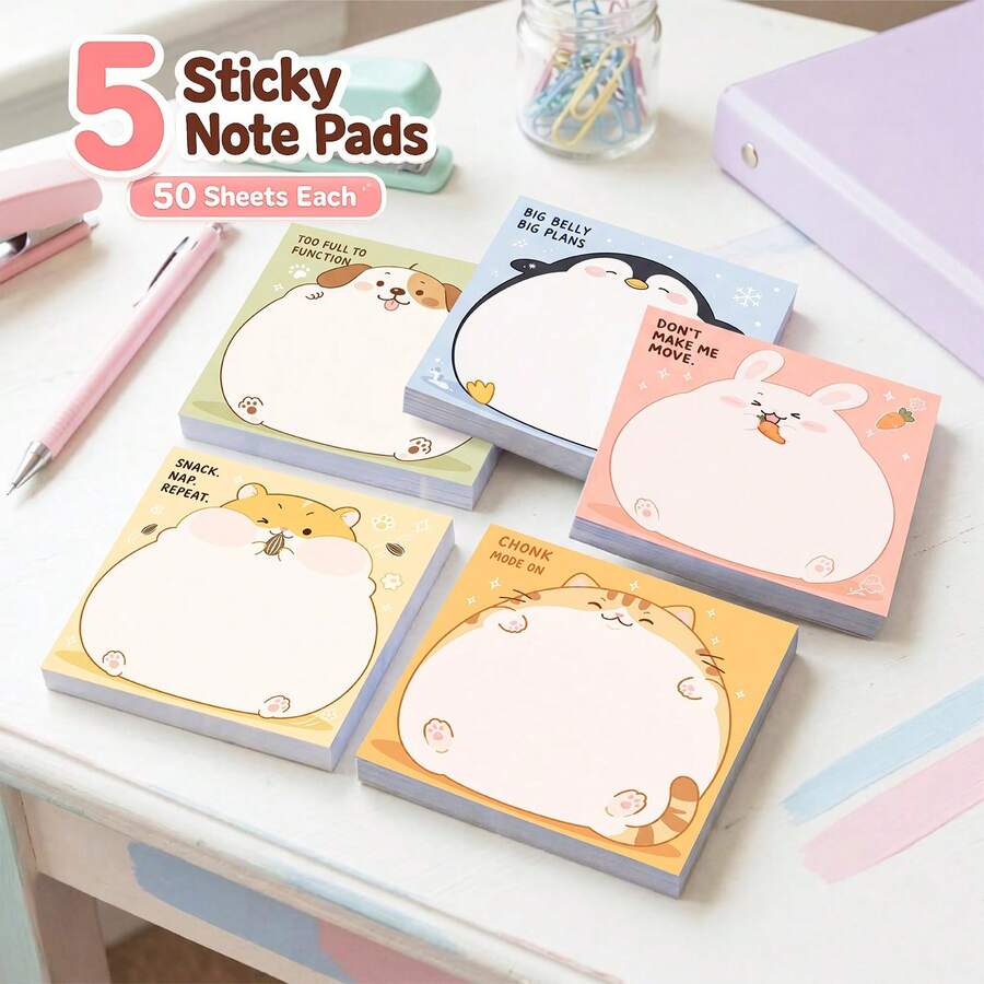 5 Packs 250 Sheets Cute Pet Animal Sticky Notes, Japanese Style Cat Dog Rabbit Penguin Self-Adhesive Blank Memo Pads, Desktop Reminder Notes, School Office Home Stationery Supplies - 75 X 75 mm - View 1