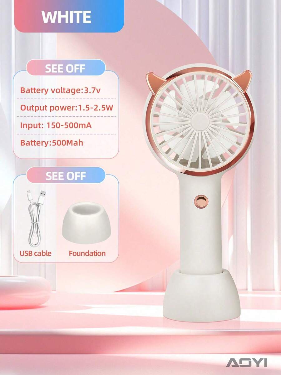 AOYI 1 Batería recargable de 500 mAh, mini ventilador con orejas de gato portátil y recargable con iluminación LED ajustable a 3 velocidades para uso en exteriores - Blanco - Ver 1