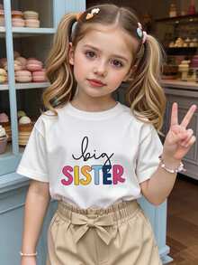 Girls Big Sister Colorful Letter Print Short Sleeve T-Shirt Crew Neck White Top - White - View 2