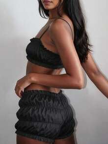 Women's Solid Color Ruffle Cropped Camisole Top With Shorts Set Black Summer Elegant - Black - View 3