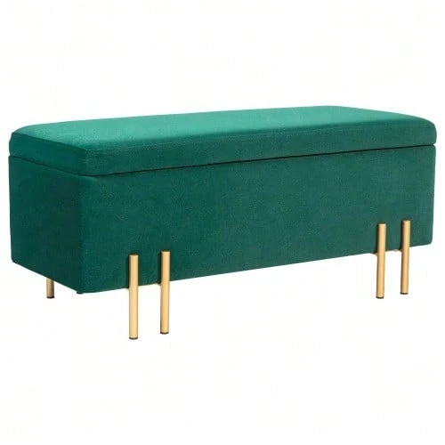 Storage Bench Velvet Upholstered Bench, Storage Trunk With Wooden Legs, Storage Bench For Living Room Bedroom Hallway 100 X 40 X 42 Cm, Beige - Green - View 1