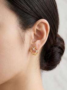 18K Gold Wreath Stud Earrings With Zirconia For Women Everyday 925 Sterling Silver Flower And Leaves Earring Jewelry - Gold - View 3