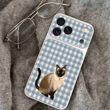 1pc TPU Material Fresh Blue & White Plaid Bell Siamese Cat Pattern Phone Case Suitable For IPhone 17 Pro Max/17/16 Pro Max/15/14/13/12/11 Full Coverage Anti-Drop Soft Shell Phone Protective Cover - Silver - View 5