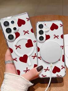 1 buah Casing Ponsel Transparan Magnetik Motif Hati Merah dan Pita, Casing Ponsel Anti Guncangan Perlindungan Penuh. Casing Pelindung Ponsel Android, Cocok untuk Model S21/22/23/24/25/PLUS/FE/U/S25PLUSS/25U/S25DEGE/S25FE, Hadiah Kembali ke Sekolah - Clear - View 2