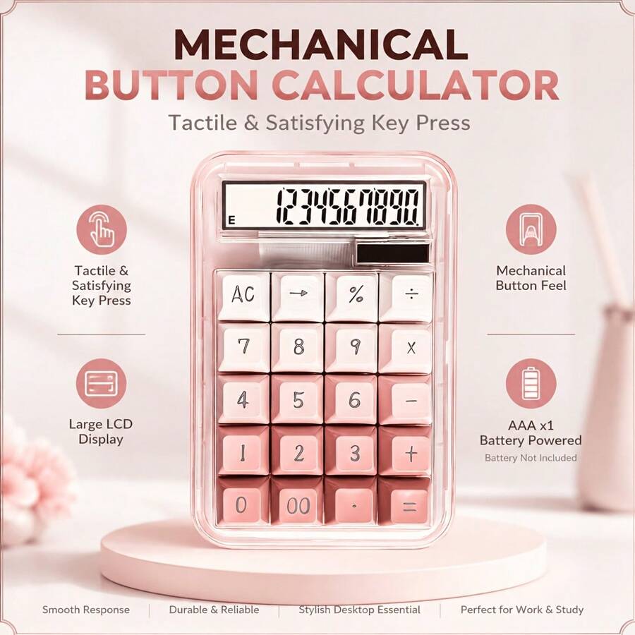 Translucent Pink Acrylic Shell Calculator, Gradient Pink & White Keys, Large Digital Display, Highly Attractive Portable Calculator For Accounting, Bookkeeping And Cashier (Battery Not Included) - A - View 1