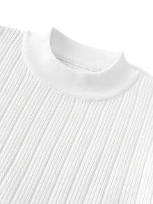 Men's Solid Color Semi-High Neck Textured Knit Sweater, Autumn/Winter Daily Commute Layering Inner Wear, Mature Style Pullover Vertical Ribbed Base Layer Top - White - View 6
