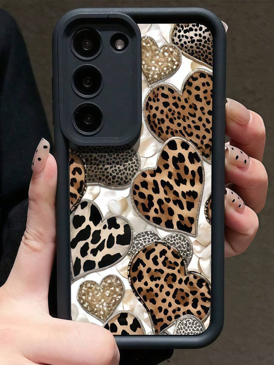 1pc Eye Of Providence Leopard Print Heart Pattern Phone Case, Black Leather Frame Shockproof Soft TPU Protective Cover, Compatible With GALAXY, HONOR, Phones - Black - View 1
