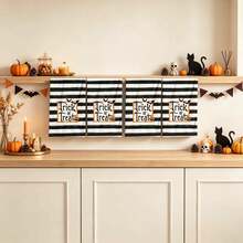2/4/48pcs Halloween Series Black & White Striped Pattern Printed Kitchen Towels - Super Soft, Highly Absorbent Polyester Dish & Hand Towels, Perfect For Holiday Decor, Kitchen Decor, Party Decor - Multicolor - View 3