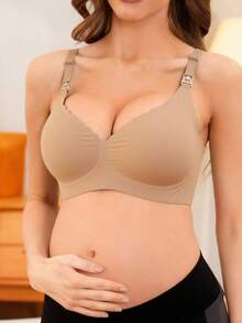 女款哺乳內衣，孕婦與哺乳適用，聚攏防下垂，側乳支撐，前扣式，卡其色，無鋼圈，無縫，產後與孕期雙用 - 卡其色 - 查看 5